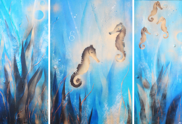 “A Sea of Wonder”, 
$299, SOLD
3 Panels (30 x 76cm(x2) & 50 x 76cm)